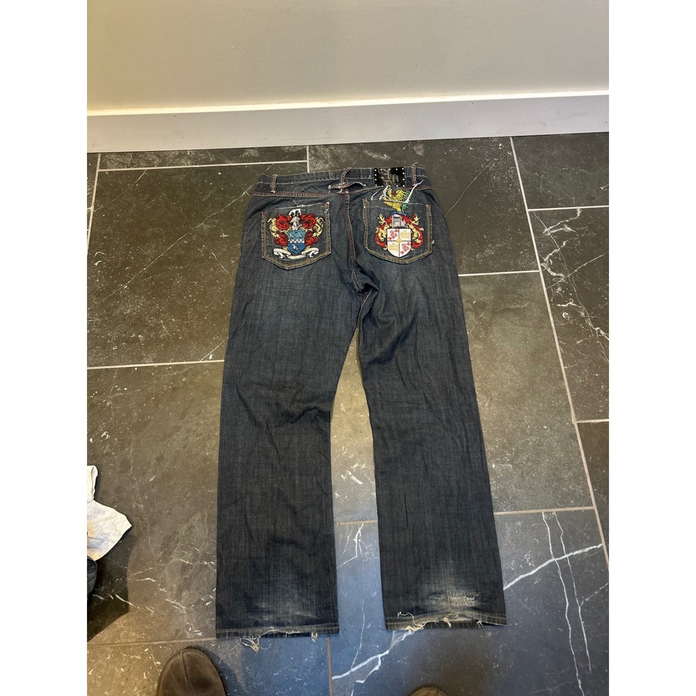 Antik Denim Mens Embroidered Crest Jeans Dark Wash Straight Leg Y2K Streetwear